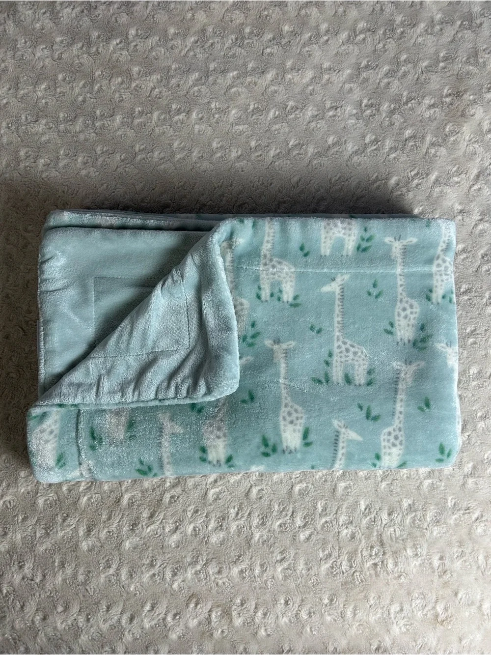 Cupcakes and Cashmere Green Giraffe Baby Blanket Gray Off White Leaves